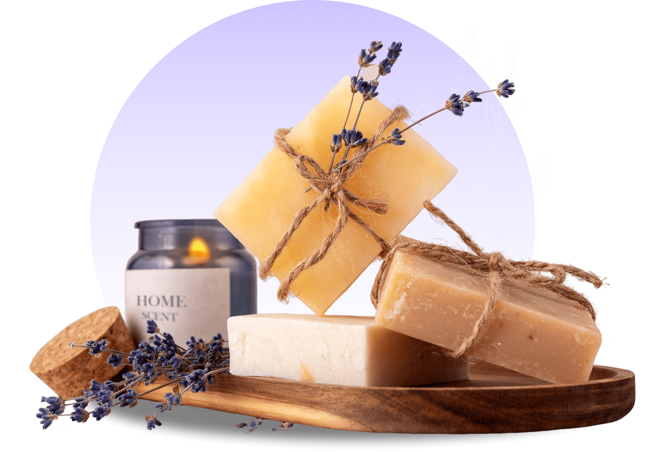 Handmade soap and candle with lavender accents.